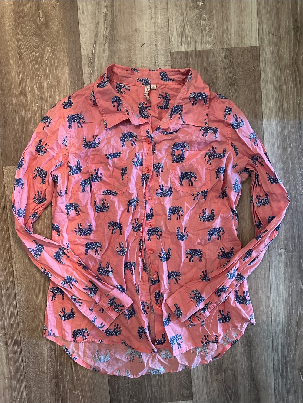 Red Camel Coral Pink Button-Down Shirt with Navy Elephant Print